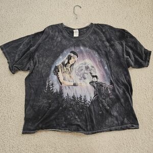 Vintage 3X Shirt Gray Tie Dye Native Moon Wolf Short Sleeve Crew Neck Boxy
